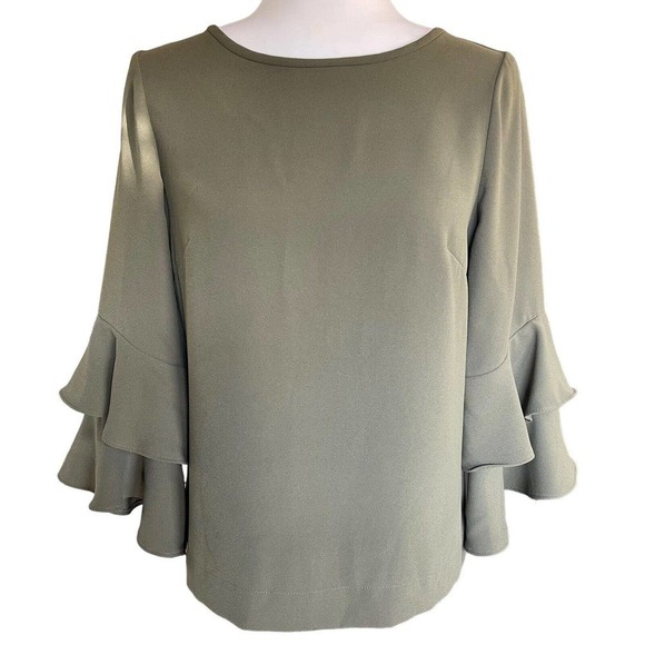 J. Crew Womens Lanatiered Crepe Ruffle Bell Sleeve Blouse Size 2 Green Excellent - Picture 1 of 10